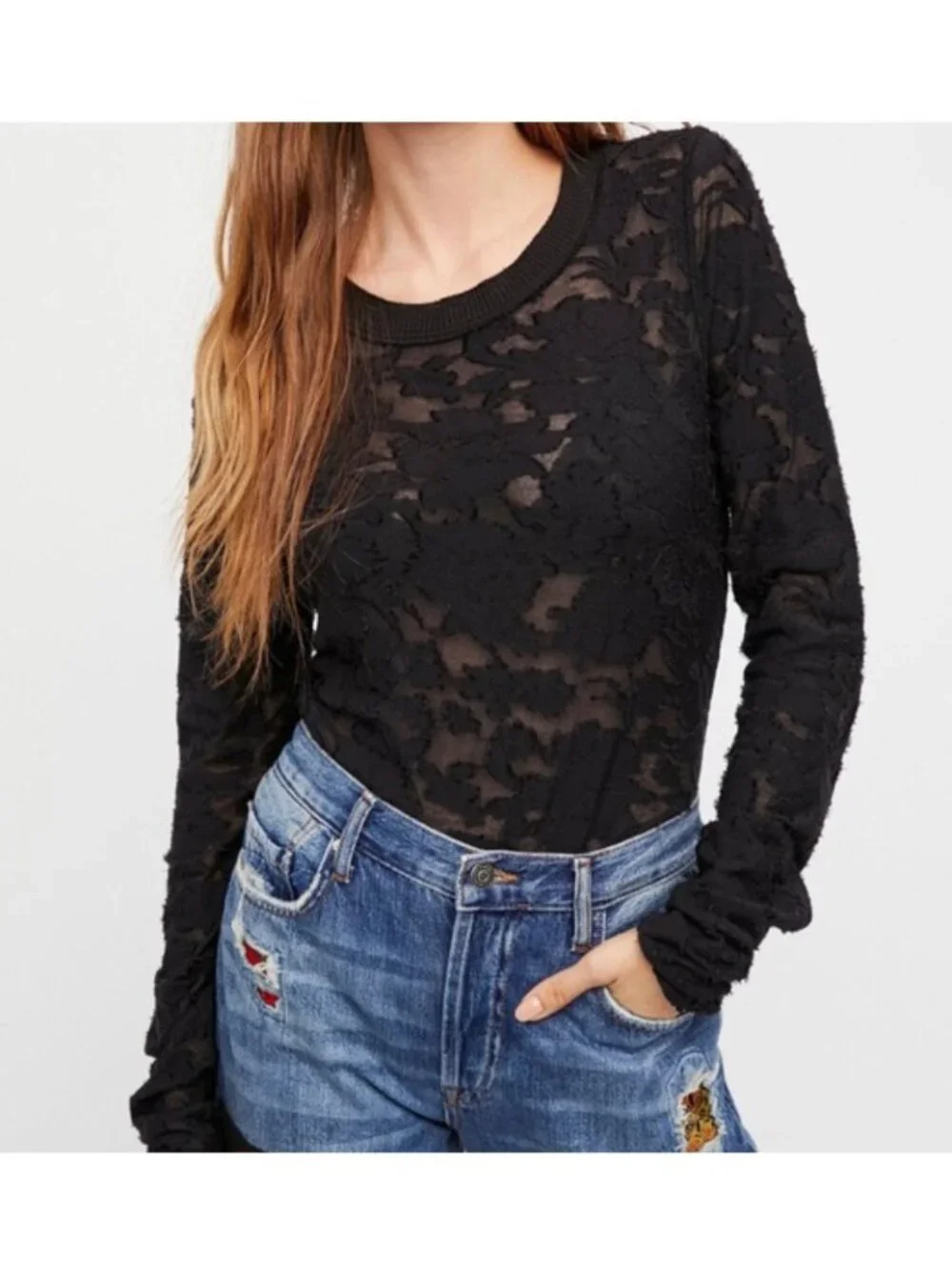 Free People Long Sleeve Laced Top Womens XS Black Sheer Round Neck